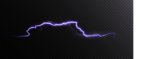 Violet electric lightning bolt with jagged path and soft glow on transparent background. Energetic plasma arc for power, sci-fi and dramatic FX, headers, overlays and abstract design.