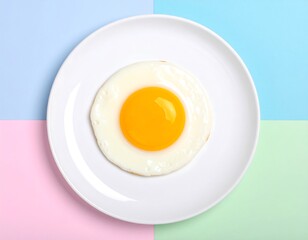 Fried egg on a white plate with vibrant background colors.