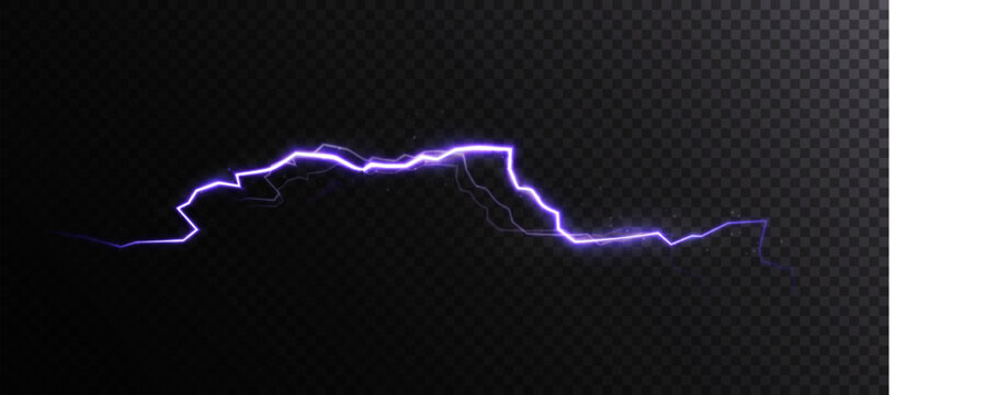 Violet electric lightning bolt with jagged path and soft glow on transparent background. Energetic plasma arc for power, sci-fi and dramatic FX, headers, overlays and abstract design.