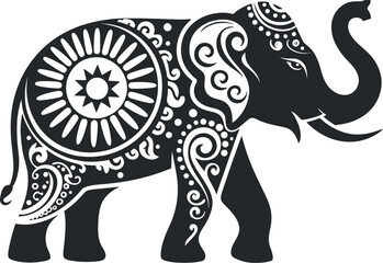 Ornate black and white elephant illustration with decorative patterns and a curled trunk design element