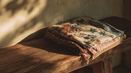 Folded textiles on wooden bench