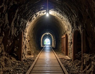 Fototapeta premium Dark tunnel with wooden walkway
