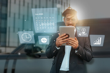 Business professional using tablet to access digital tools outdoors in an urban environment during the day in July 2025