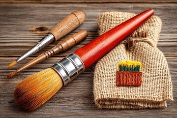 Three paintbrushes, including a large one wrapped in burlap, rest on a rustic wooden surface.  A small embroidered design of flowers in a pot is visible on the burlap