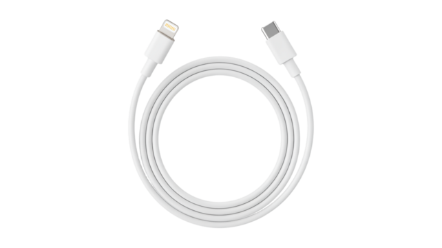 White Lightning to USBC Cable Coiled on White Background charging connector isolated on a transparent background