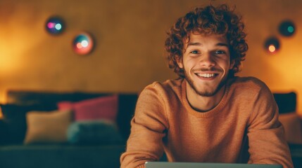 Young man smiles brightly while working on laptop in cozy living room