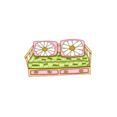 a grass sofa with pink daisy pillows.