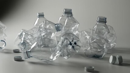 A collection of translucent plastic bottles, some crushed and deformed, lie scattered with a few white bottle caps on a gray surface. The lighting is soft, highlighting the textures - Powered by Adobe