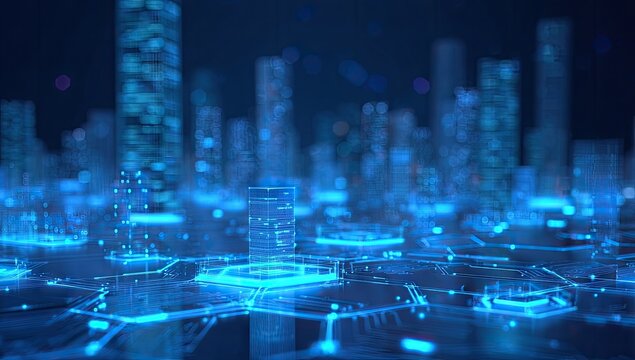 Futuristic city landscape with glowing digital interface