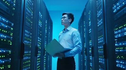 Asian Man with Glasses Holding Laptop Inspecting Data Servers in Blue Lit Room - Powered by Adobe
