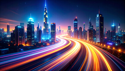 Fototapeta premium Vibrant City Nightscape with Illuminated Highway and Skyscrapers