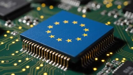 Blue and Yellow EU Flag Microchip on a Green Circuit Board Represents Technology - Powered by Adobe