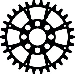 A black and white illustration of a gear with teeth and holes arranged in a symmetrical pattern design