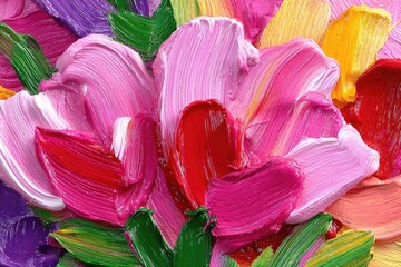 Abstract floral painting with thick impasto brushstrokes in vibrant colors