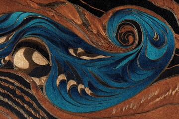 Abstract textured design with swirling patterns of teal, gold, and brown