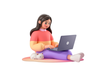 3D Young woman wearing headphones sitting on floor working on laptop isolated on transparent background