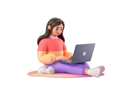 3D Young woman wearing headphones sitting on floor working on laptop isolated on transparent background