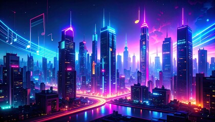 Neon cityscape, musical notes