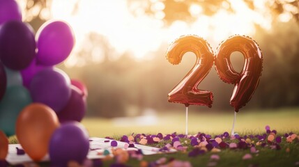 Celebration of a 29th birthday with balloons and confetti in a park