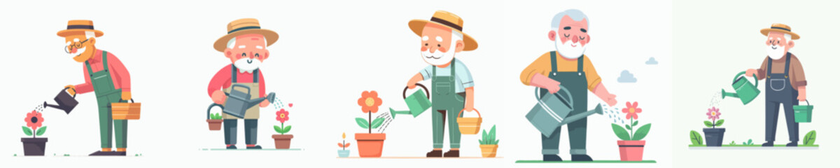 vector of a grandfather watering flowers in the garden