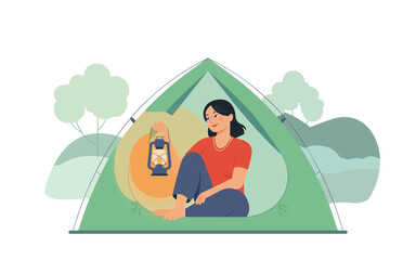 Camping Illustration A Woman Relaxing in a Tent with a Lantern for Adventure