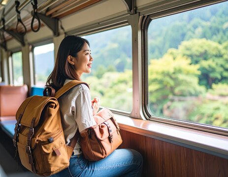 Travelers riding a Japanese local train with countryside view, candid lifestyle travel photography