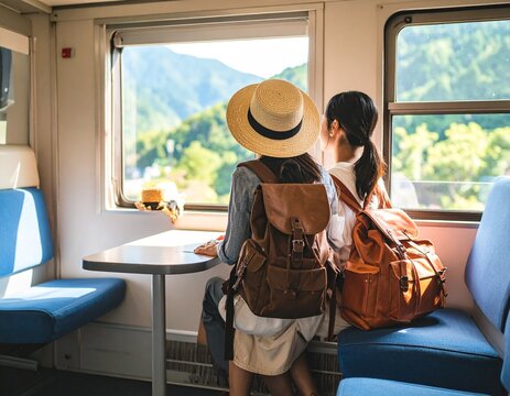 Travelers riding a Japanese local train with countryside view, candid lifestyle travel photography