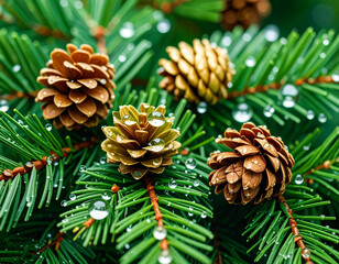 A close-up of spruce or pine branches covered with needles and a few cones. Glittering drops of water or dew are visible on the branches and cones, creating a feeling of freshness and purity. The phot
