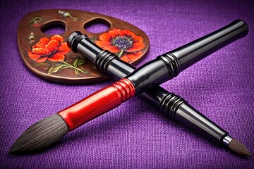 Two artistic paintbrushes, red and black, crossed on a purple fabric, with a decorative wooden palette in the background
