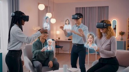 People in headsets host vr meeting in bright lounge, vr meeting avatars hover between sofas, vr meeting boosts team bonding. Concept remote collaboration future. - Powered by Adobe