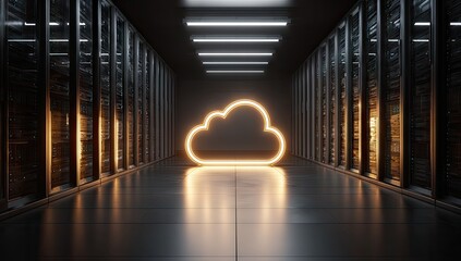 Dark server room, glowing cloud