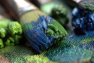 Close-up of paintbrushes with vibrant green and blue paint