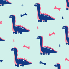 cute blue navy brontosaurus dinosaur seamless pattern vector cartoon design for kids fullprint fabric