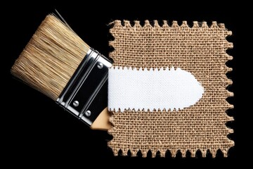 Paintbrush resting on a burlap swatch with a white tag