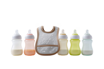 Six baby bottles with milk and a bib on black isolated on a transparent background feeding