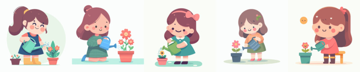 vector of a little girl watering flowers in the garden