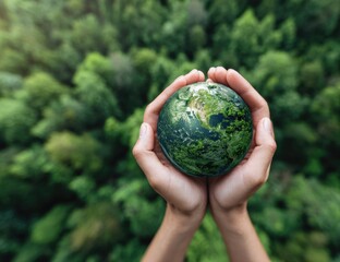 Earth held gently in hands, lush forest backdrop