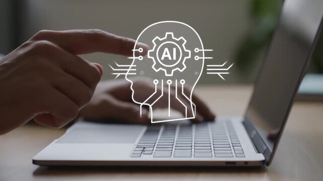 Hands Typing on Silver Laptop with Artificial Intelligence Graphic Overlay on Display