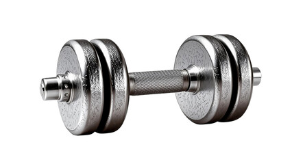 Fototapeta premium Realistic metallic dumbbell with shiny steel texture, isolated on transparent background, fitness and gym equipment symbol.