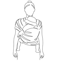 One continuous single drawing line art flat doodle parent, mother, child, family, cute, care, together, scarf. Isolated image hand draw contour on a white background
