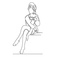One continuous single drawing line art flat doodle beautiful, cup, beauty, female, pretty, coffee, towel. Isolated image hand draw contour on a white background
