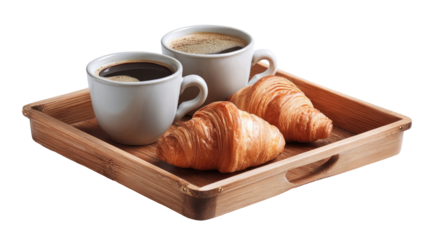 Two cups of coffee and croissants on a wooden tray
