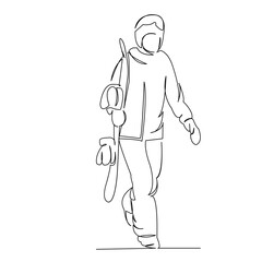 One continuous single drawing line art flat doodle ski, jump, people, fun, white, snow, winter, sport. Isolated image hand draw contour on a white background

