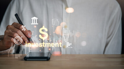 Investment concept with digital finance icons, showing stock market growth, percentage, savings, banking, and business strategy. Symbolizes financial planning, and smart economic decision-making.