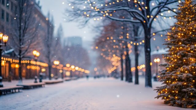 Festive winter scene with sparkling lights and snow &mdash; celebrating Christmas and New Year joy