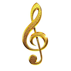 Shiny golden treble clef symbol, metallic effect with elegant details, isolated on transparent background, music design element.
