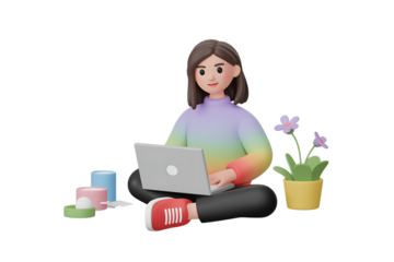 3D 3d cartoon woman sitting cross legged working on a laptop with coffee and plants isolated on transparent background