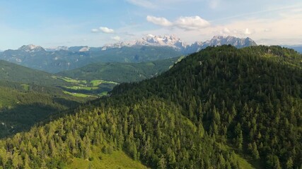 Aerial view of the wooded hills on the Postalm plateau with the Dachstein mountains in the background, Austria
