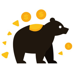 Black bear with gold coins and yellow triangles on white background