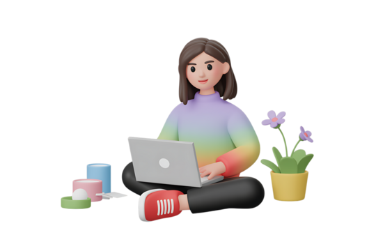 3D 3d cartoon woman sitting cross legged working on a laptop with coffee and plants isolated on transparent background